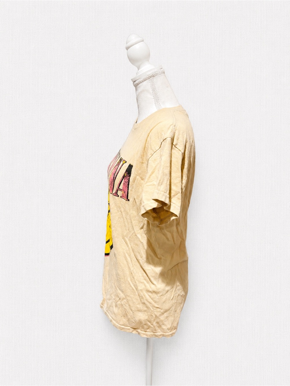 NIRVANA Beige Short-Sleeve Tee with Pink Logo and Yellow Smiley - Picture 2 of 4